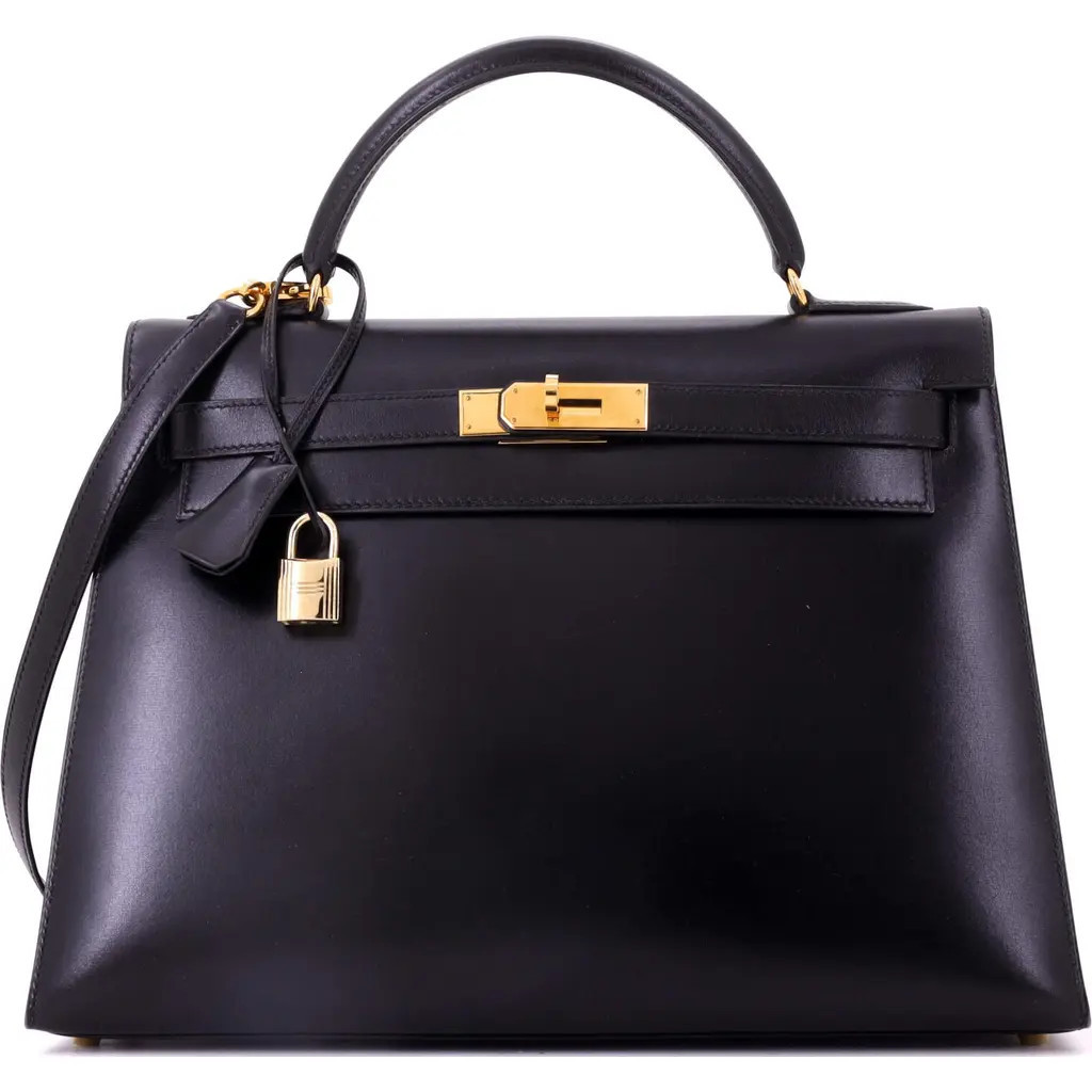 Pre-Owned Hermes Kelly Handbag Black Box Calf with Gold Hardware 32 in Noir at Nordstrom, Size Medium | Nordstrom