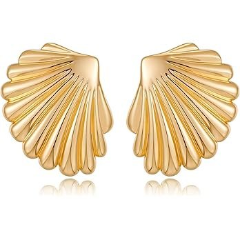 Gold Large Textured Stud Earrings for Women Trendy Vintage Statement Shell Earrings Ocean Beach J... | Amazon (US)