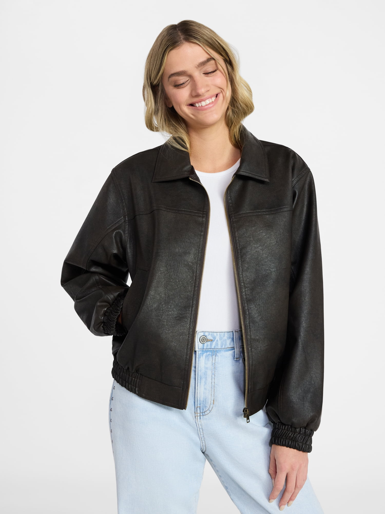 No Boundaries Relaxed Fit Faux Leather Jacket, Women's XXS-XXL | Walmart (US)