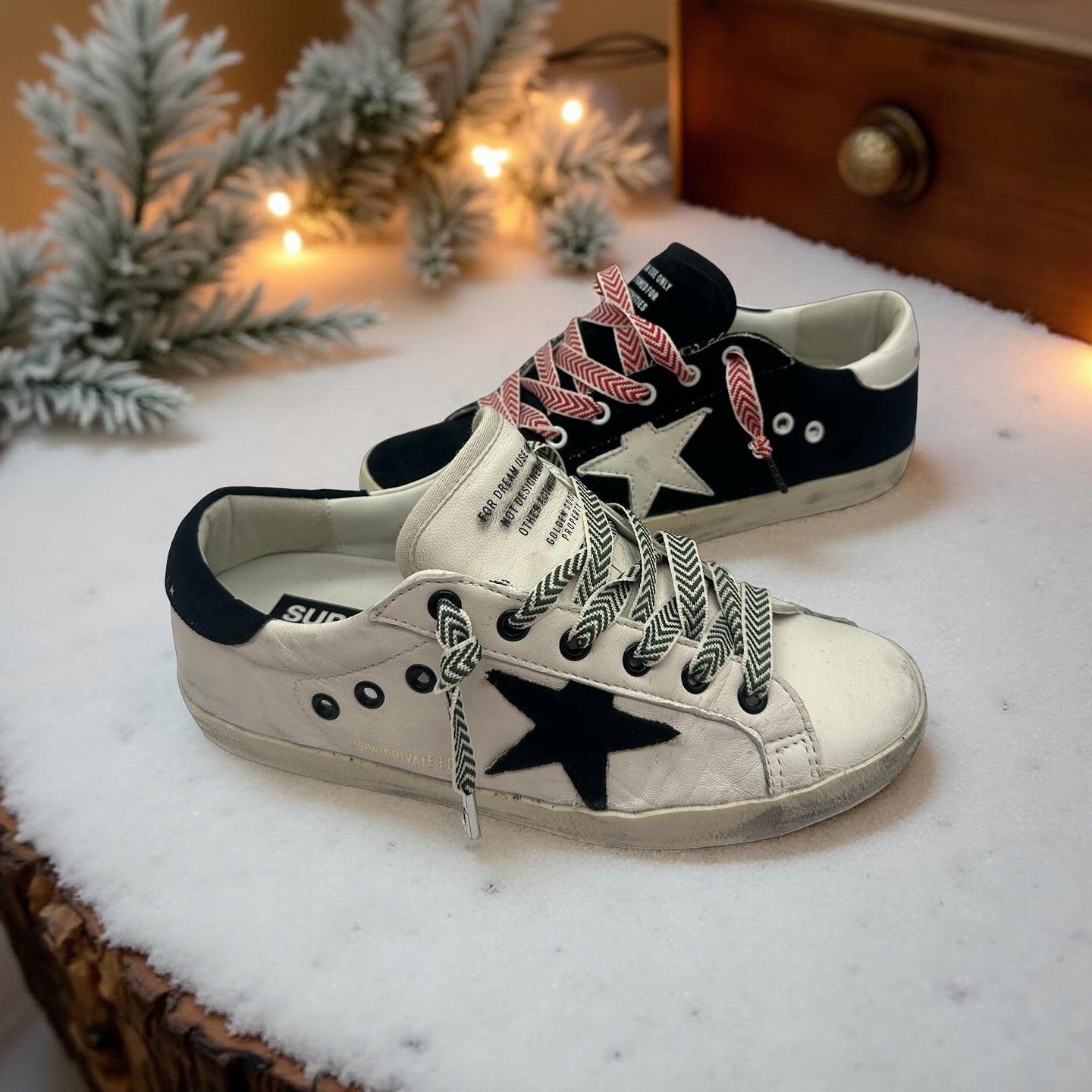 Holiday-ready and one-of-a-kind 🎄
This private-edition Golden Goose pair comes with both the original black + white velvet laces AND your choice of festive chevron upgrade — red, green, or mix + match for a custom look from @staylacedbystacy ❤️💚

Ships ready to wear with both sets included!

Private Edition Super Star in Excellent condition size 38 $499 with dust bag! 

DM to purchase, also available on GoldenGooseGang.com 

#goldengoose #ltk #ltkshoecrush #nordstrom #customlaces #ggdb #forsale #ltkholidaystyle