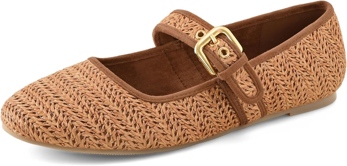 Shoe'N Tale Raffia Ballet Flats for Women Round Toe Woven Mary Jane Shoes with Buckle Strap for D... | Amazon (US)