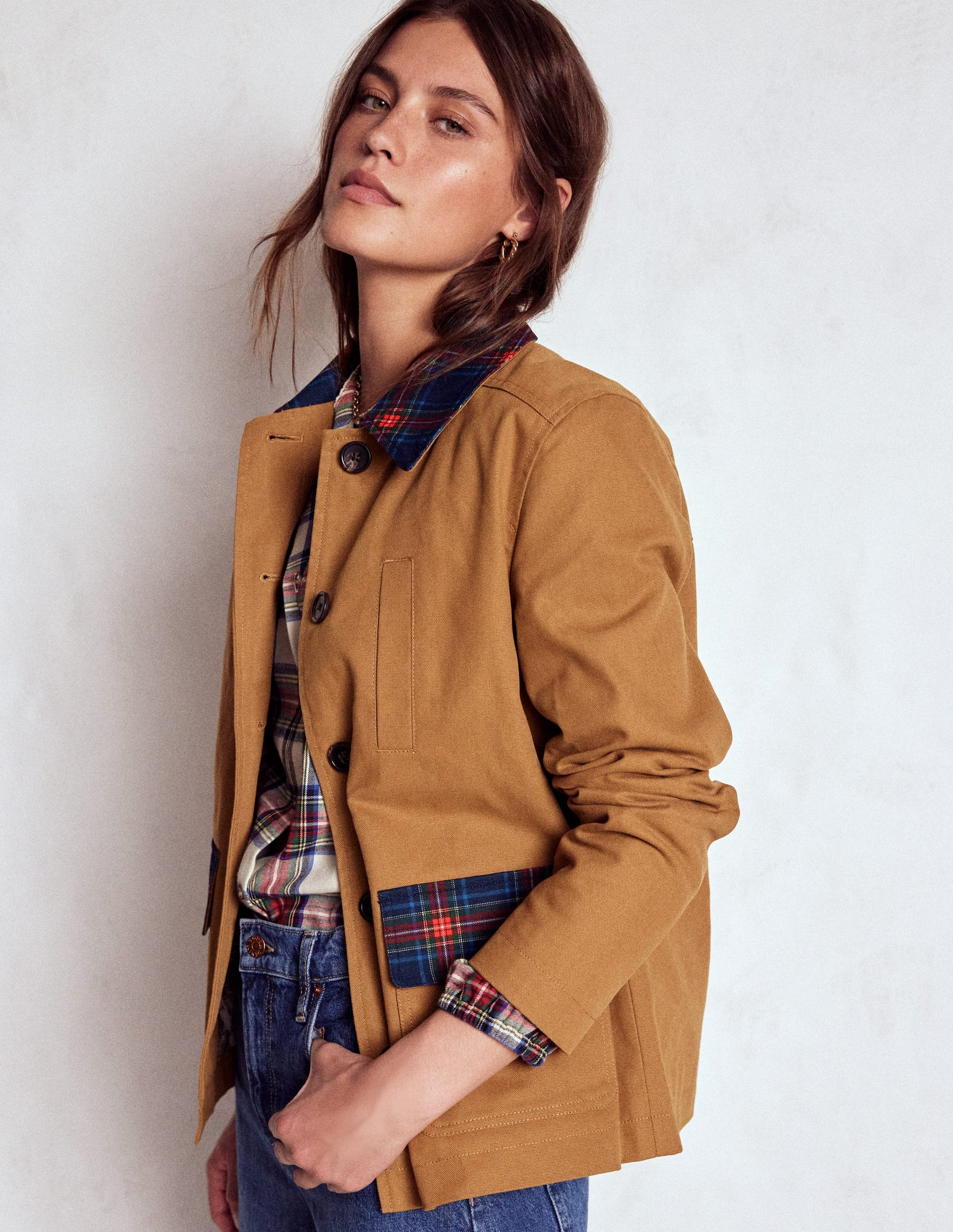 Canvas Barn Jacket-Hazelnut Brown, Check | Boden UK