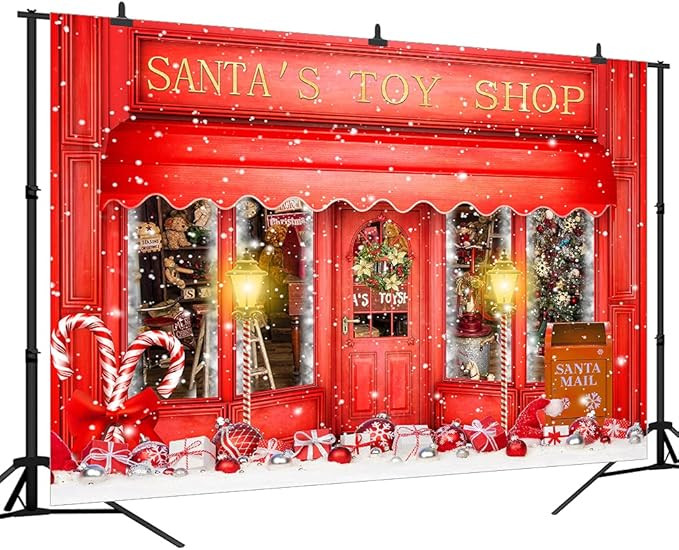 DePhoto Red Christmas Photo Backdrop Santa's Toy Shop Candy Cane in Snow World Xmas Family Holida... | Amazon (US)