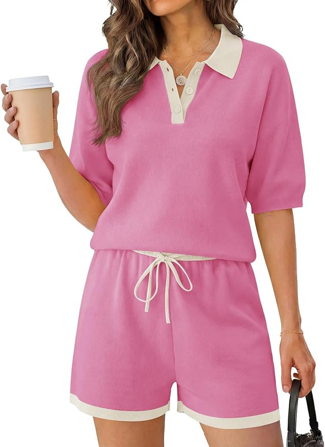 Tankaneo Womens 2 Piece Sweater Short Sets 2026 Summer Vacation Outfits Short Sleeve Knit Collare... | Amazon (US)