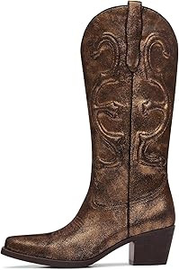 Womens Cowboy Boots Embroidered Cowgirl Mid Calf Boots, Mid Calf Chunky Block Heel Pull On Wester... | Amazon (US)