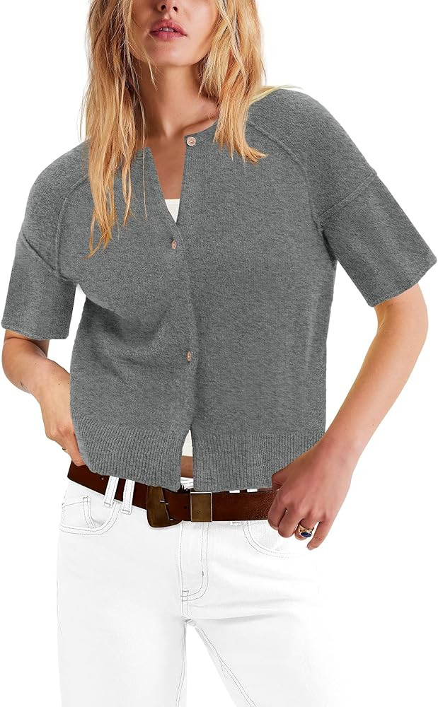 Nirovien Womens Casual Short Sleeve Cardigan Lightweight Button Down Knitted Sweater Crew Neck Cr... | Amazon (US)