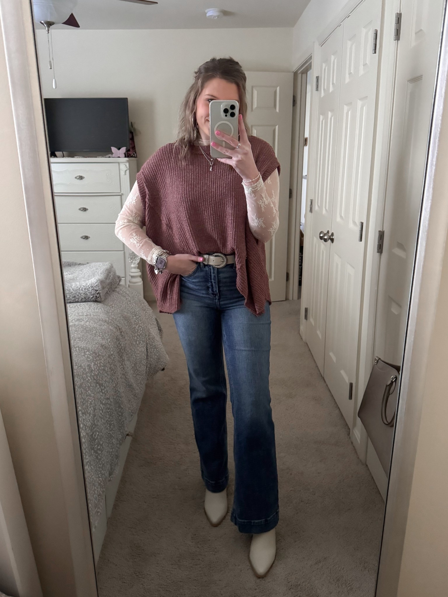 wearing a small in the sweater
wearing a medium in the lace top
wearing a 2 in the jeans 
wearing a 8 1/2 in the boots

#LTKootd