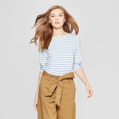 Women's Striped 3/4 Sleeve Clean Boat Neck T-Shirt - A New Day™ | Target