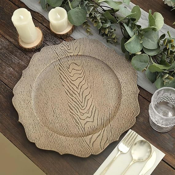 Efavormart 6 Pack | 13" Rustic Natural Wooden Textured Acrylic Charger Plates With Scalloped Rim | Amazon (US)