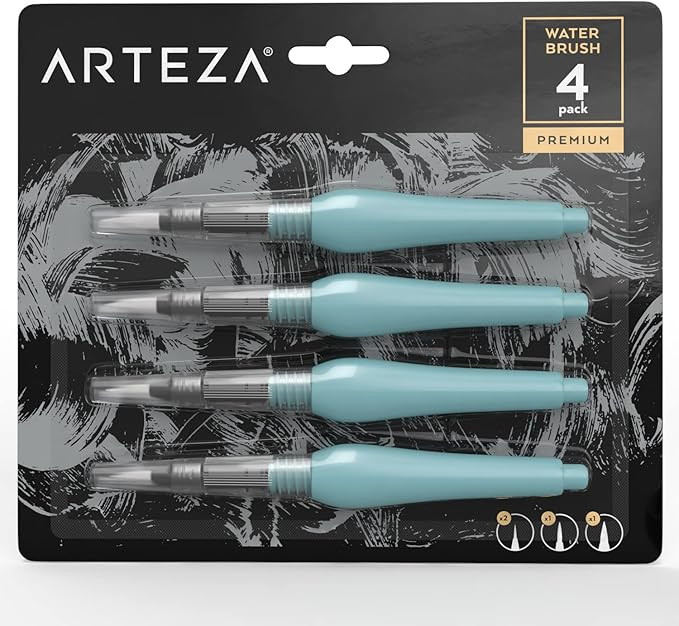 Arteza Water Brush Pens for Watercolor Painting, Set of 4 Water Pens, with Assorted Soft Nylon Br... | Amazon (US)