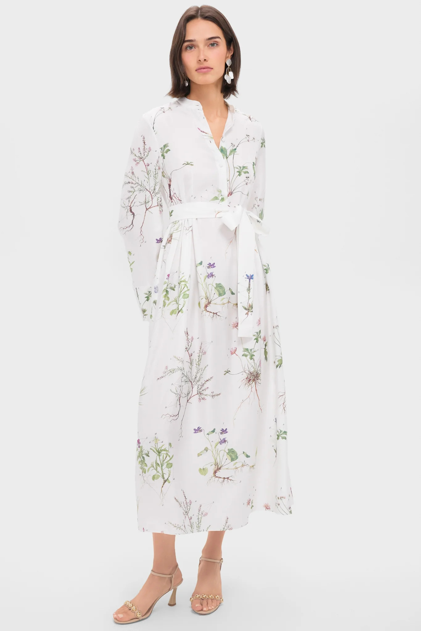 Botanical Garden White Long Sleeve Tie Waist Midi Dress | Tuckernuck (US)