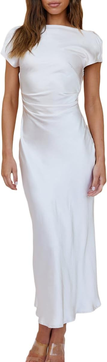 2026 Satin Cap Sleeve Cowl Back Summer Dresses for Women Elegant Ruched Waist Wedding Guest Midi ... | Amazon (US)