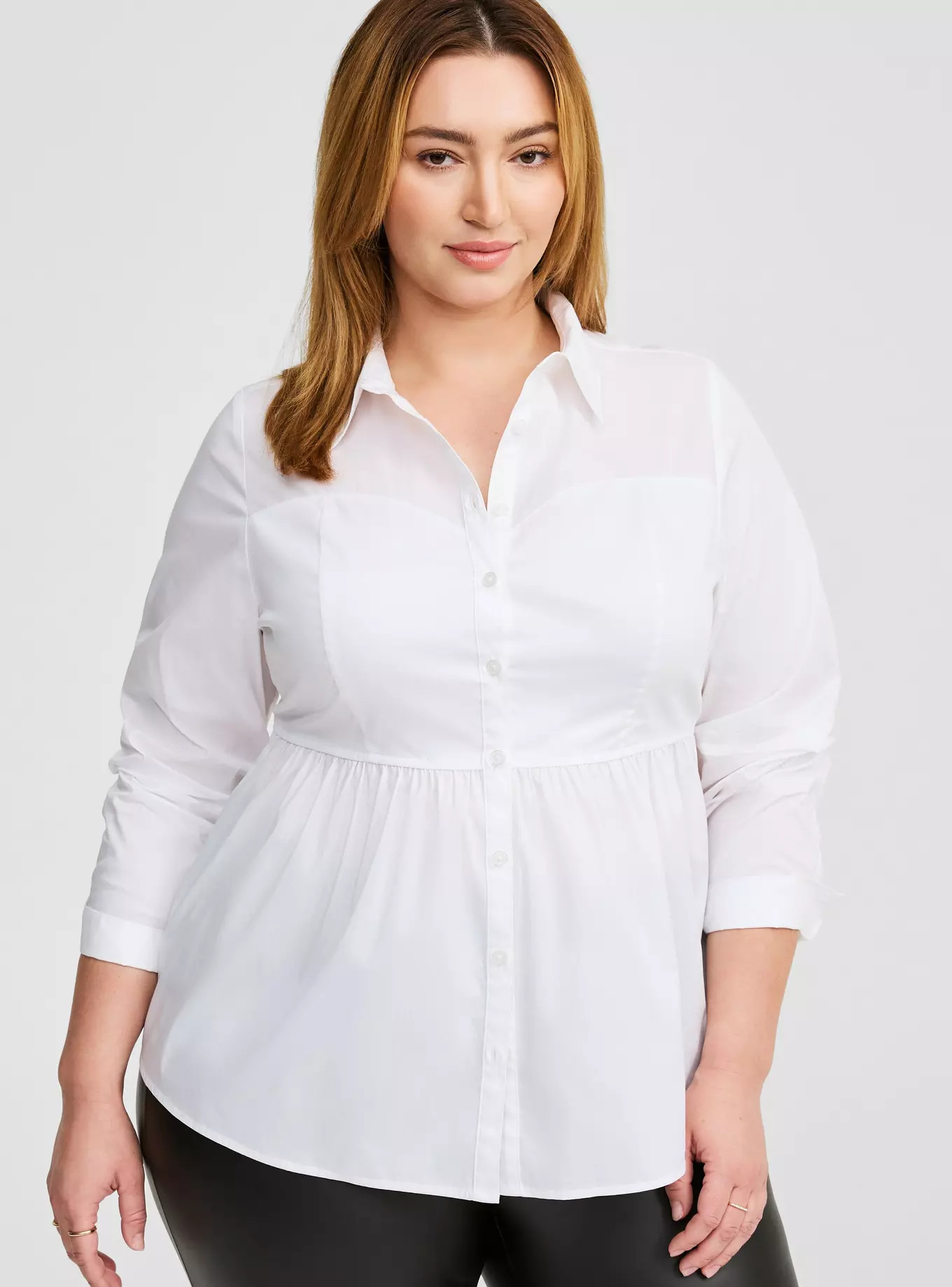 Poplin Corset Detail Smocked Back Button Up Shirt | Torrid (US & Canada)