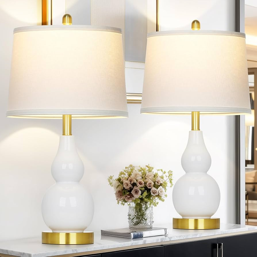 25" Ceramic Table Lamps Set of 2, Modern Double Gourd Ceramic Table Lamp for Living Room, White R... | Amazon (US)