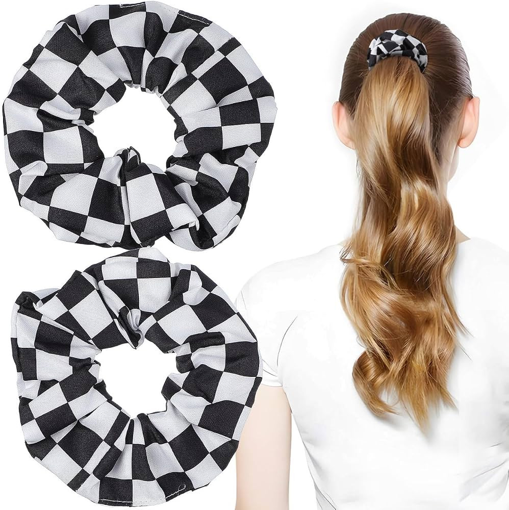Black and White Checkered Scrunchies 2 Pack Chessboard Pattern Hair Ties for Women Elastic Hair B... | Amazon (US)