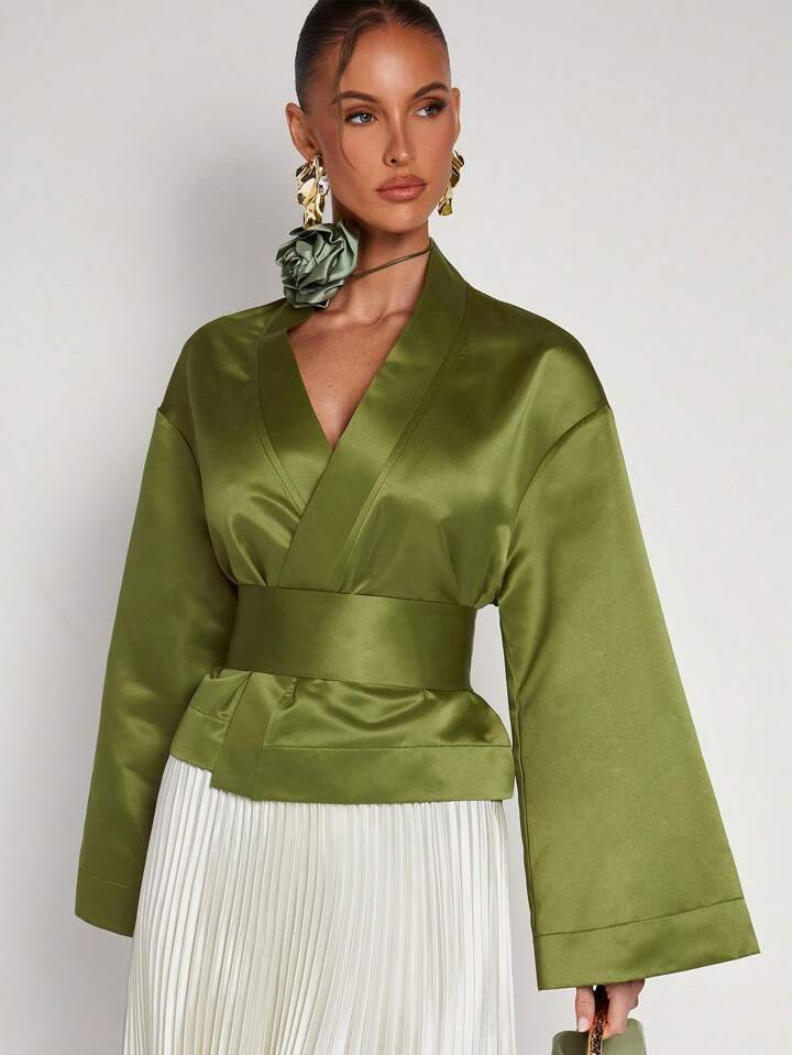 COSMINA Women's Elegant Commute Solid Color Wrap Flared Sleeve Blouse | SHEIN