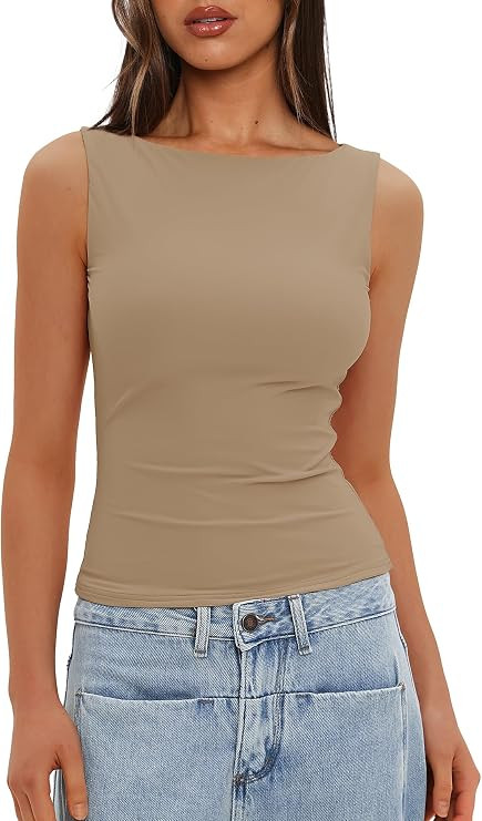 Darong Women's Boat Neck Tank Top Sleeveless Double Lined Basic Tops Going Out Casual Tank Shirts | Amazon (US)