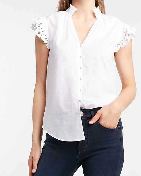 Lace Sleeve Mock Neck Shirt | Express