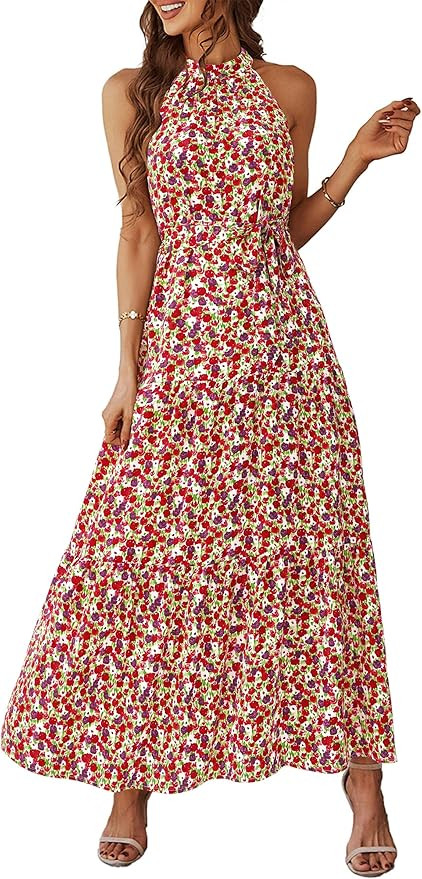 PRETTYGARDEN Women's Summer Floral Maxi Sun Dress Sleeveless Halter Neck Flowy Ruffle Hem Long Bo... | Amazon (US)
