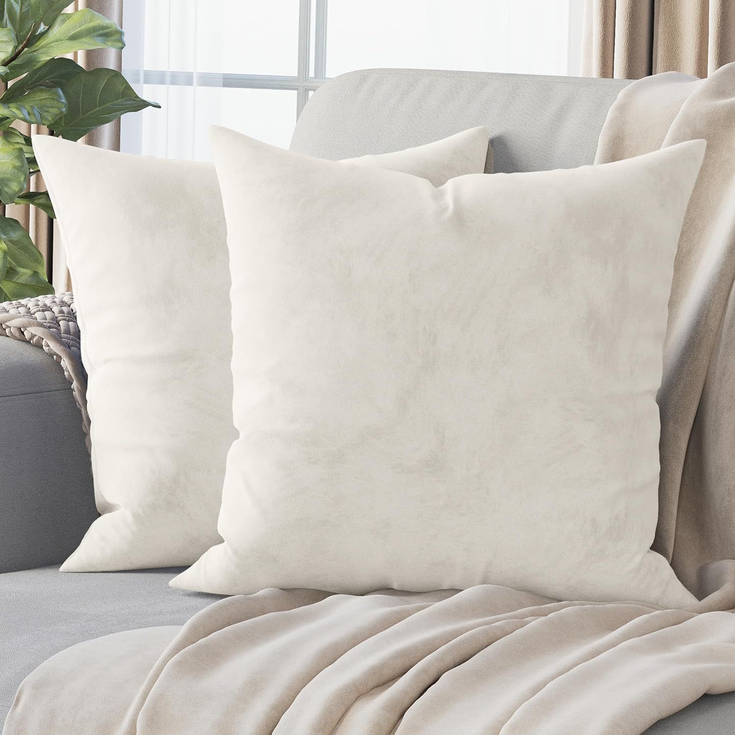 NEATERIZE Premium Velvet Pillow Covers 18x18 Cream - Washable Decorative Fabric Throw Pillow Cove... | Amazon (US)