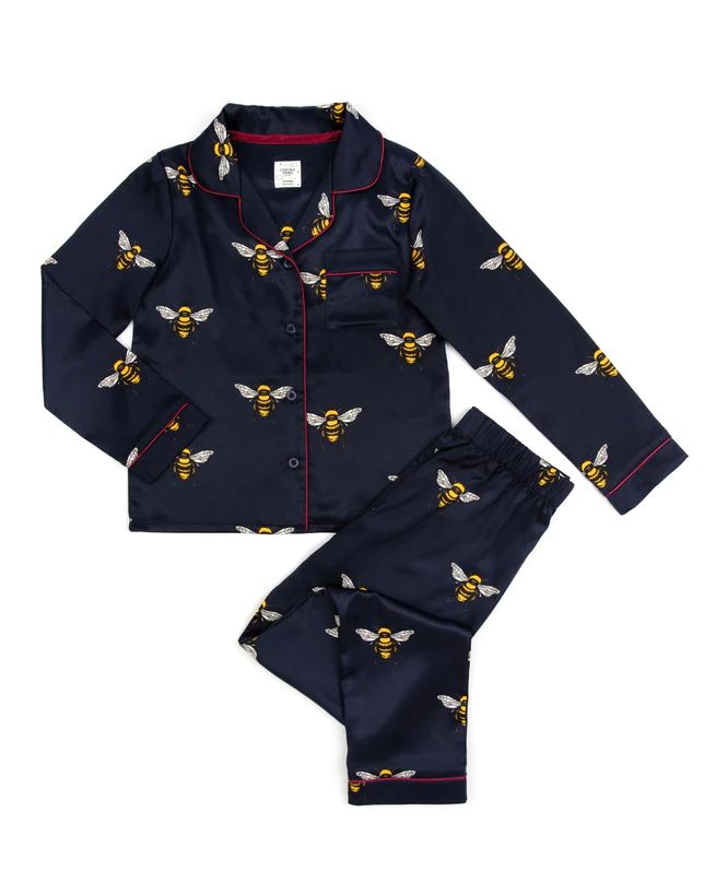 Kids' Navy Bee Satin Button Up Long Pyjama Set | Chelsea Peers NYC