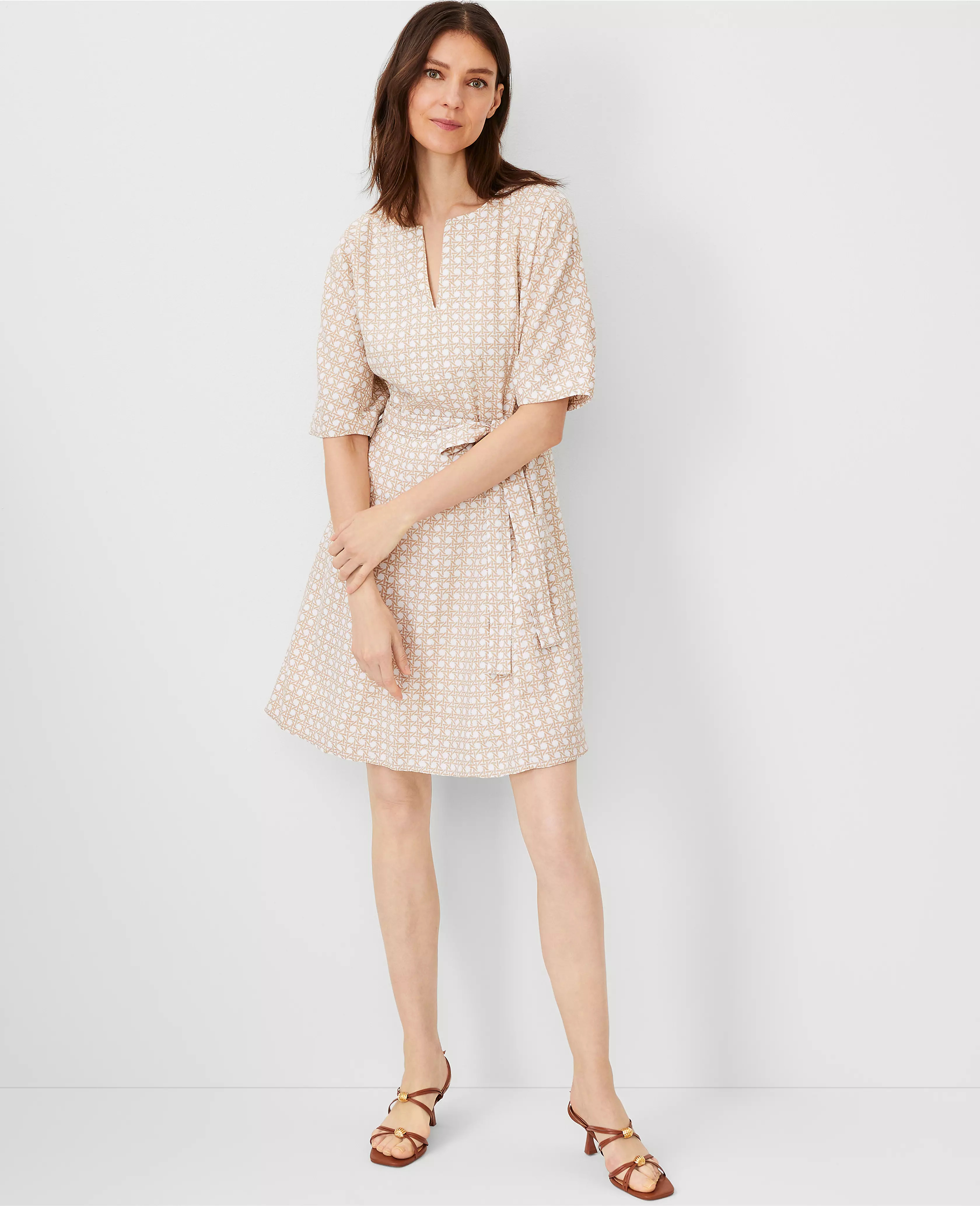 Lattice Linen Blend Split Neck Flare Dress | Ann Taylor