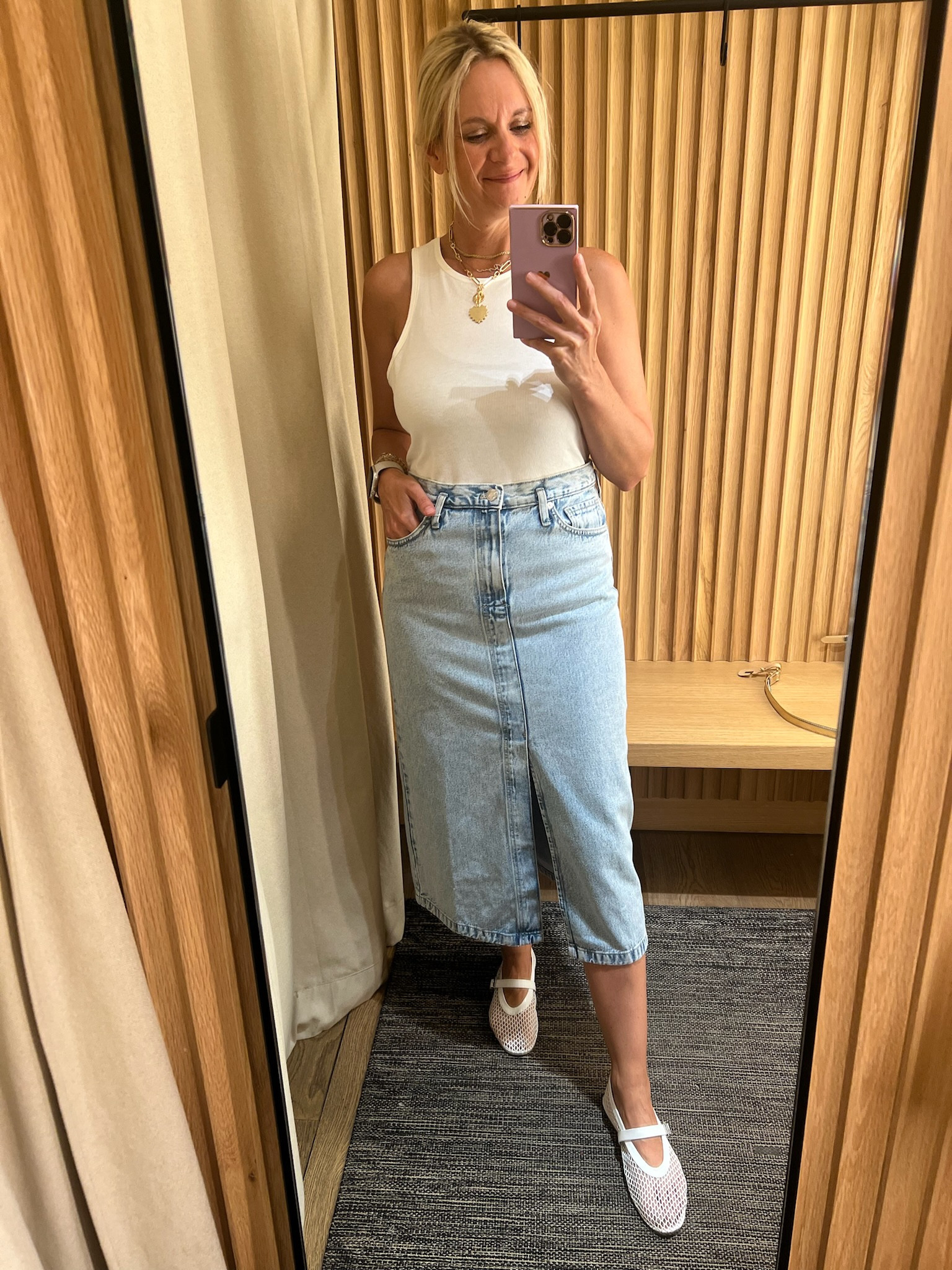 Sometimes, simple is better.  In love with this midi denim skirt and pretty white tank via Mango!

#LTKFindsUnder100 #LTKSeasonal #LTKShoeCrush