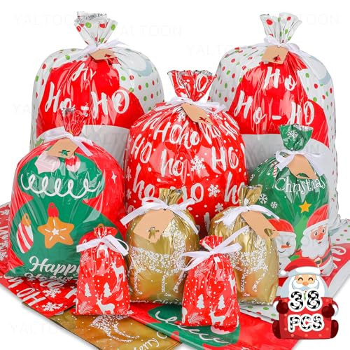 38pcs Christmas Gift Bags with Ribbon Ties, Christmas Bags for Gifts Assorted Sizes Small/Medium/Large Christmas Gift Bags, Holiday Christmas Wrapping Paper Reusable Plastic Santa Bag Wrapping Bags | Amazon (US)