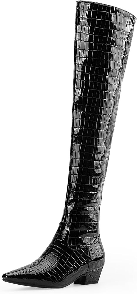 Women's Sexy Crocodile Over The Knee High Boots Low Heel Long Fall Boots | Amazon (US)