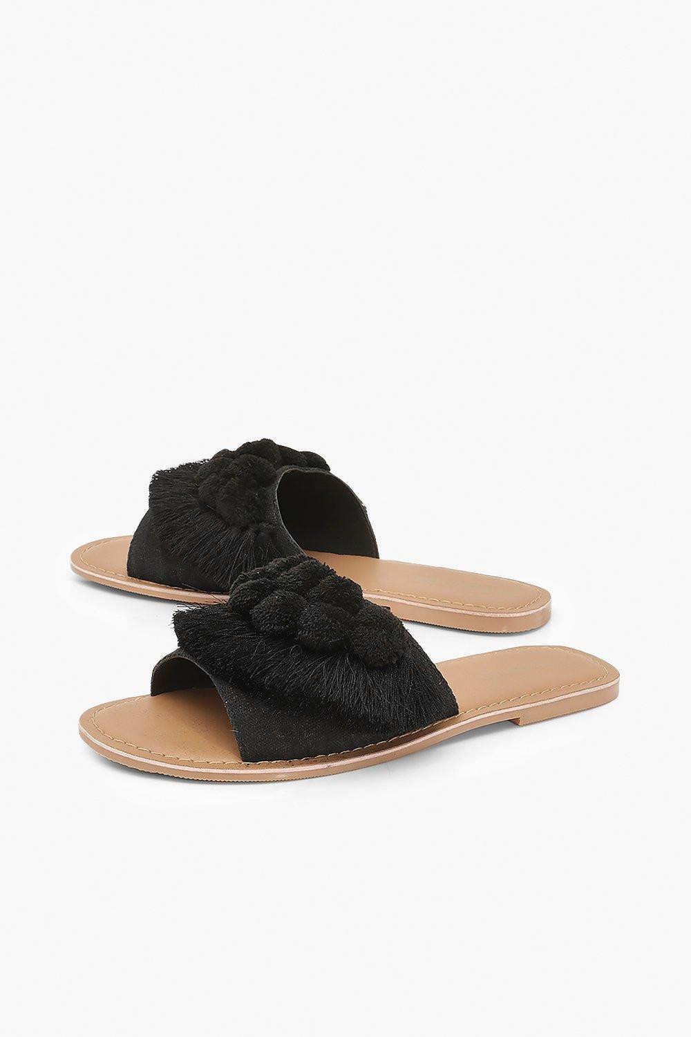 Wide Fit Pom Pom Frill Sliders | Boohoo.com (UK & IE)