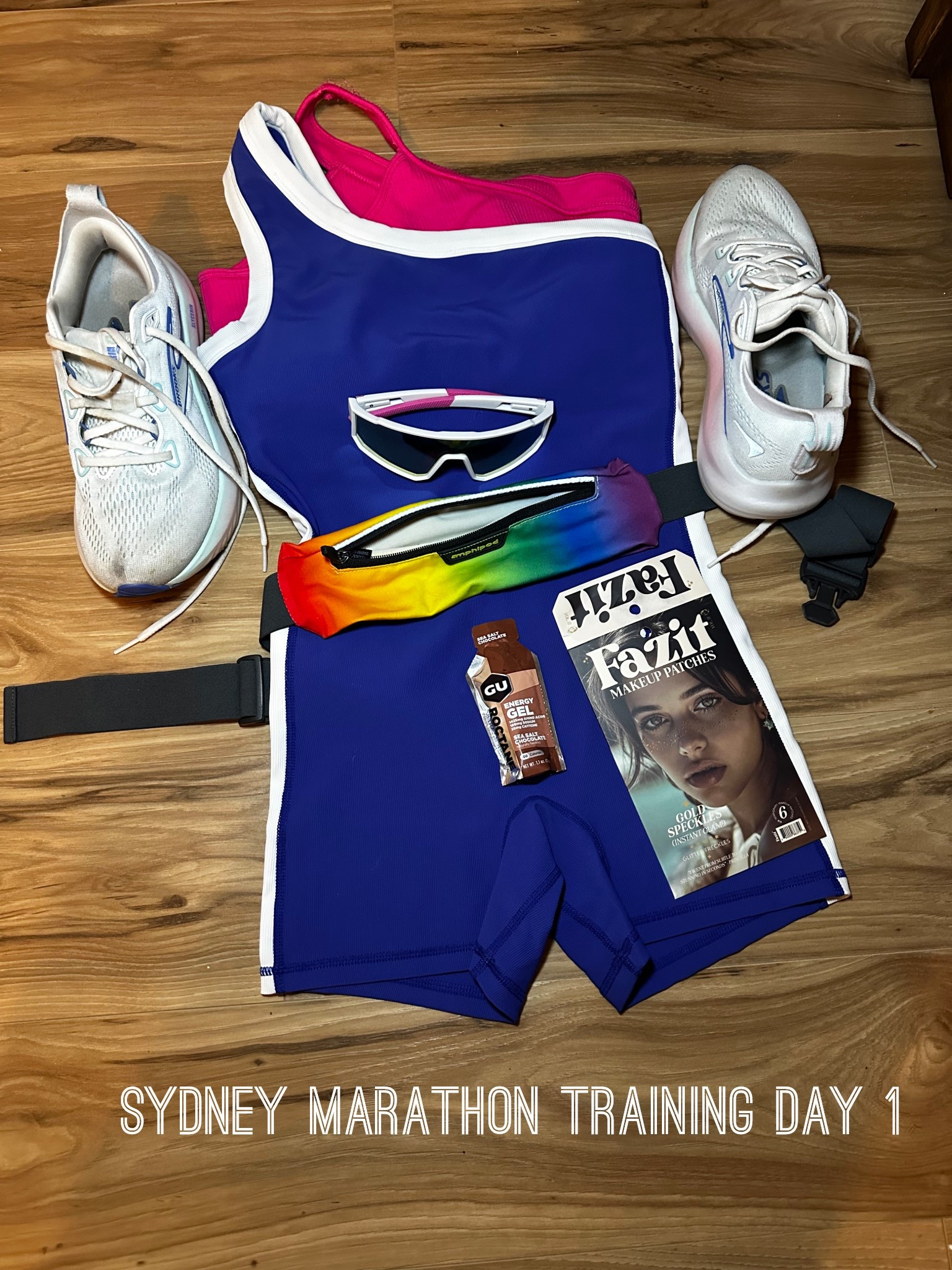 First day of Sydney Marathon training! 
@VICI one shoulder fitness romper 
Brooks  Glycerin 22s running shoe
Fazit face glitter 
Running belt 
Runner shades 
Gu energy gel
Amazon pink one shoulder sports bra 

#LTKActive #LTKfitnessgoals #LTKSaleAlert