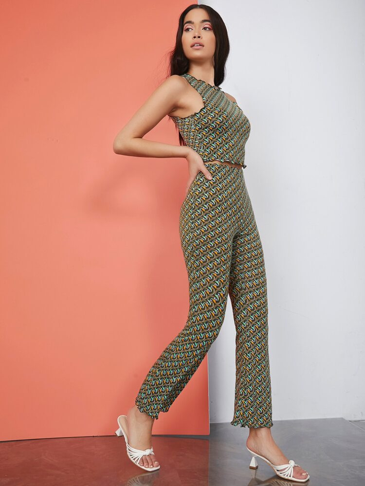 SHEIN Allover Print Lettuce Trim Tank Top & Pants Set | SHEIN