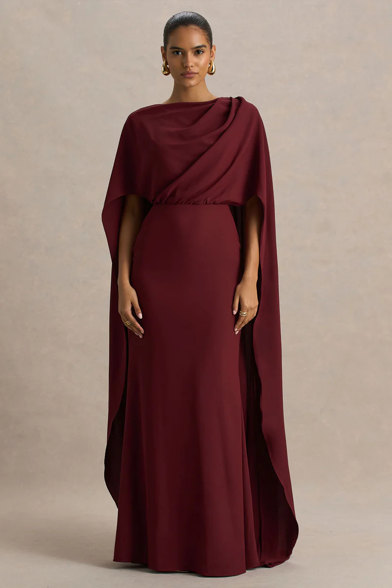 Pristina | Burgundy High-Neck Woven Maxi Dress With Cape Detail | Club L London