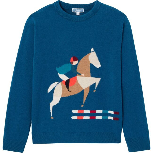 Boy Intarsia Show Jumping Wool Sweater, Blue | Maisonette