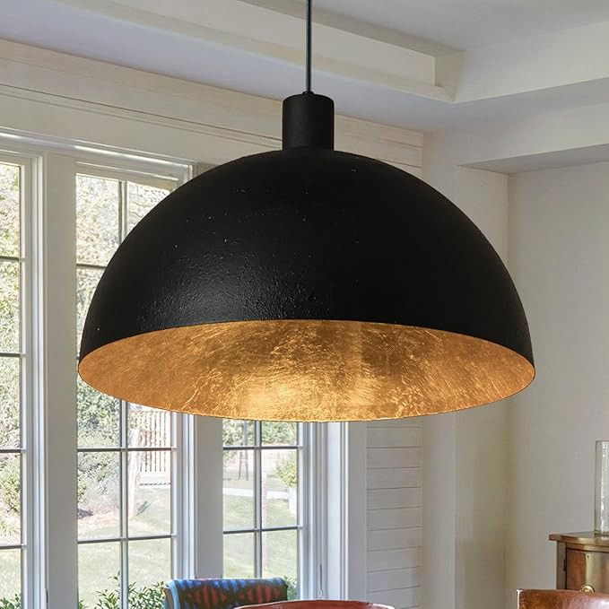 Black and Gold Dome Pendant Light, 20 Inch Large Dome Chandelier Industrial Fixture with Gold Lea... | Amazon (US)