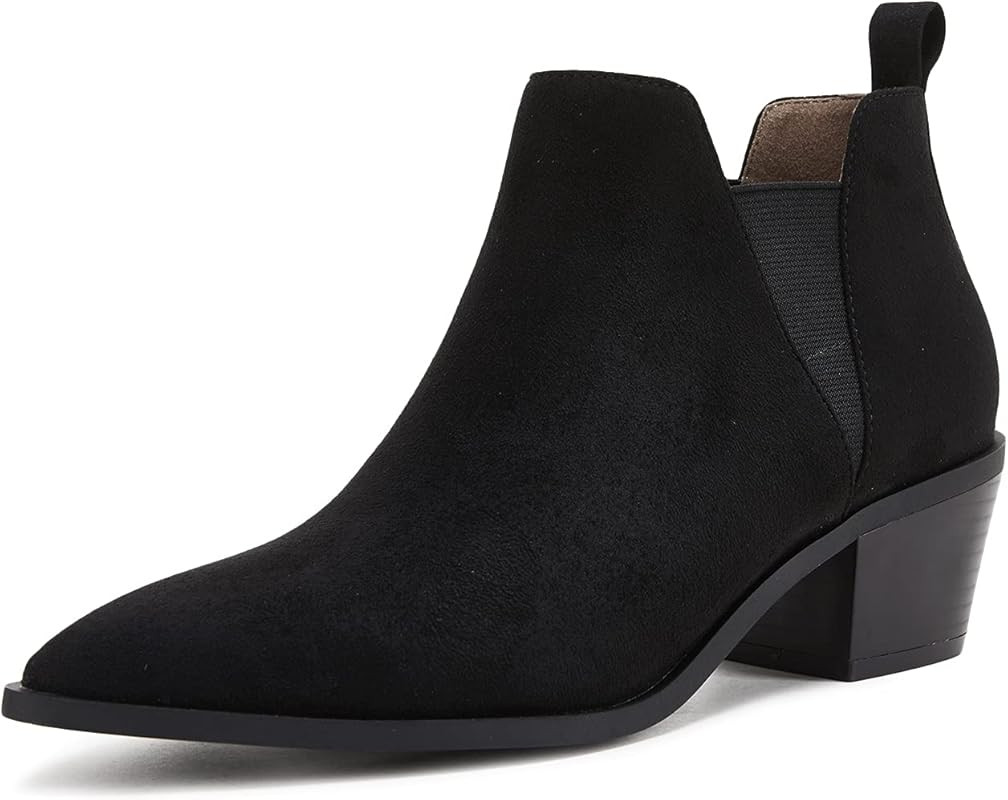Minshluu Womens Pointed Toe Ankle Boots Stacked Chunky Heel Slip on Western Low Heel Booties | Amazon (US)
