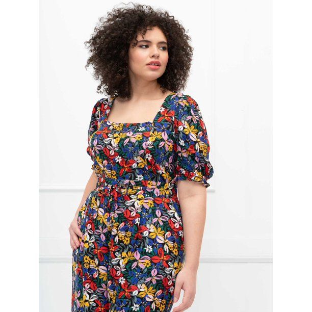 ELOQUII Elements Women's Plus Size Square Neck Floral Print Puff Sleeve Crop Top | Walmart (US)