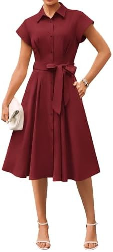 GRACE KARIN Womens Summer Work Business Casual Midi Shirt Dresses | 2026 V Neck Short Sleeve Butt... | Amazon (US)