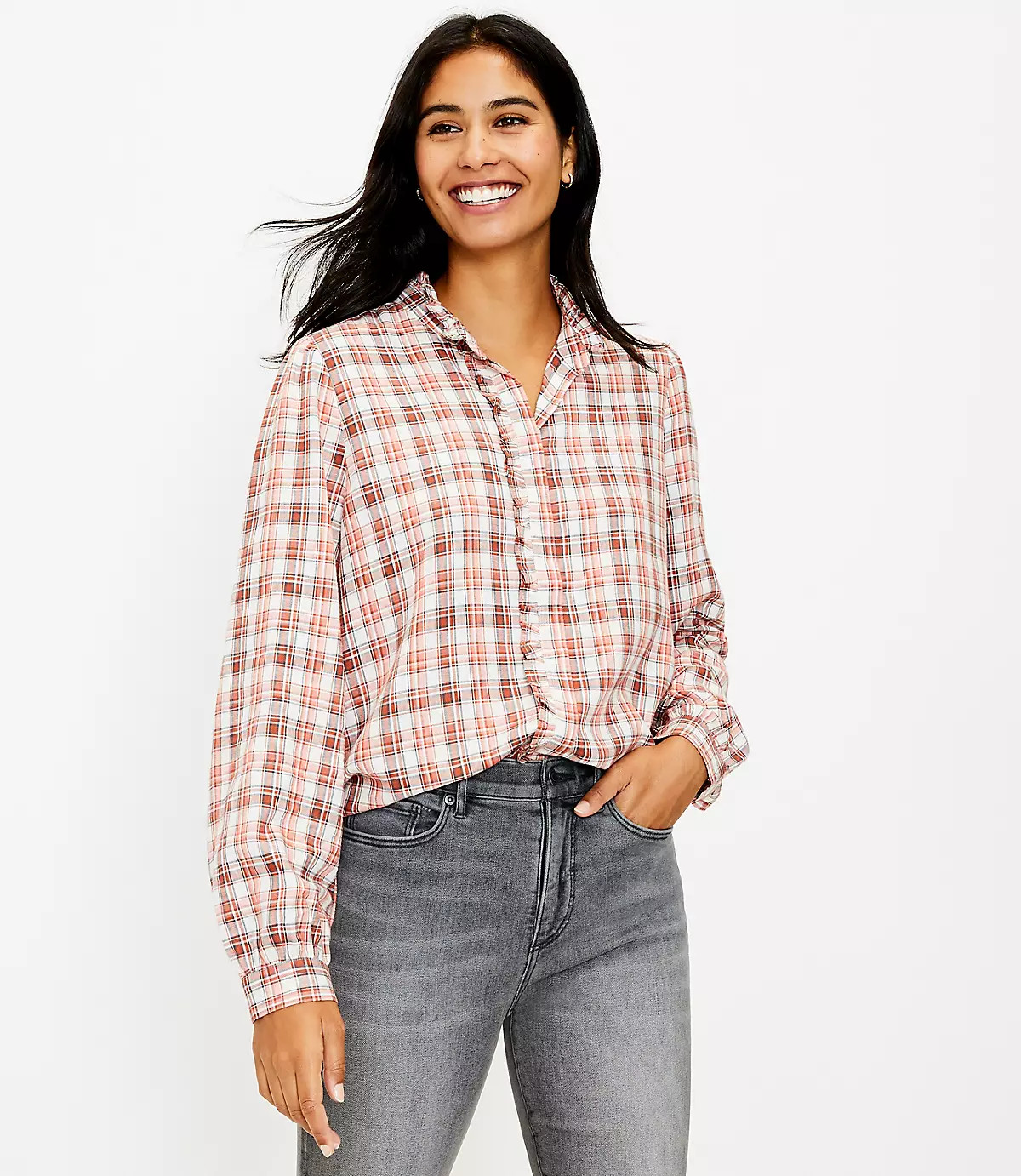 Plaid Ruffle Trim Shirt | LOFT
