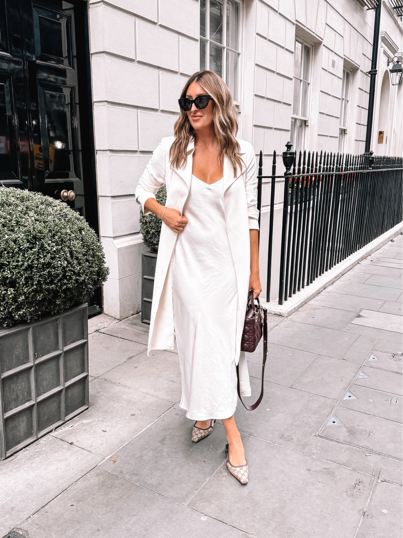 Dinner for our last night out in London 🤍 Kept on my same slip dress from earlier today but swapped the jacket for this drapey lightweight trench-style one switched up my shoes. #traveloutfits #london #ootn 

#LTKStyleTip #LTKShoeCrush