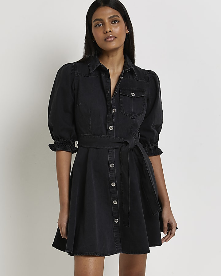 Black denim mini shirt dress | River Island (UK & IE)