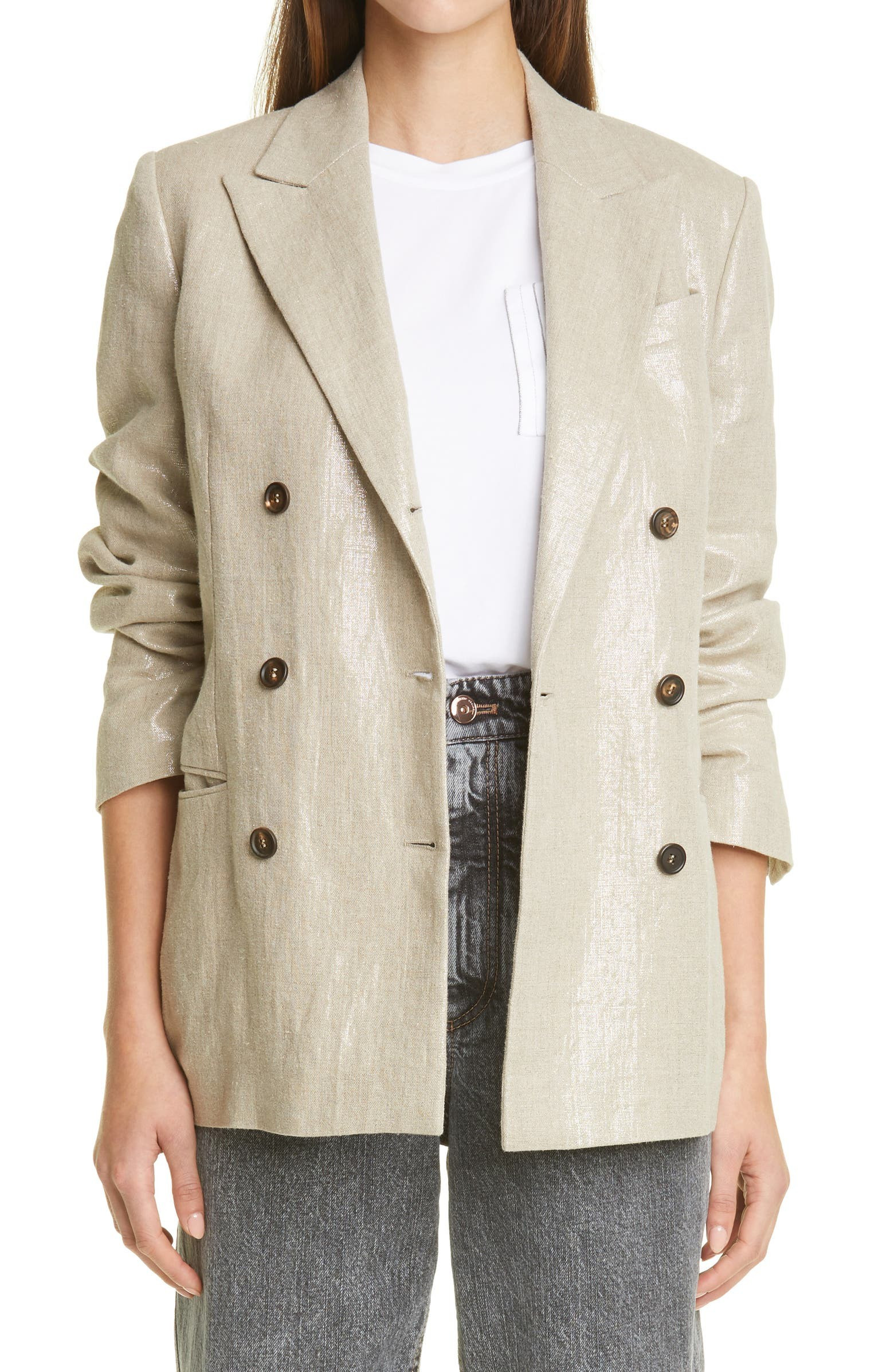 Brunello Cucinelli Metallic Double Breasted Linen Blazer | Nordstrom | Nordstrom