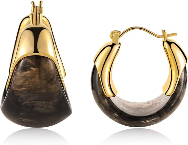Amber Resin Hoop Earrings for Women 14k Gold Plated - Hypoallergenic Chunky Gold Hoops, Acrylic T... | Amazon (US)