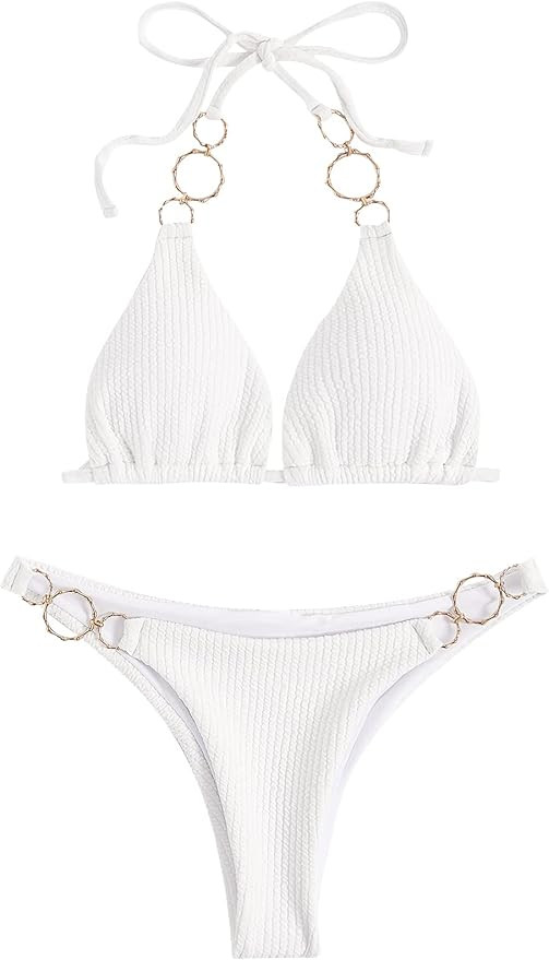WDIRARA Women's Ring Halter Bikini Swimsuit 2 Piece Tie Back Bathing Suit | Amazon (US)