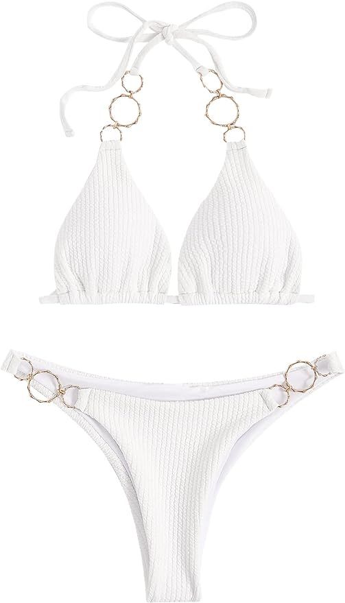 WDIRARA Women's Ring Halter Bikini Swimsuit 2 Piece Tie Back Bathing Suit | Amazon (US)