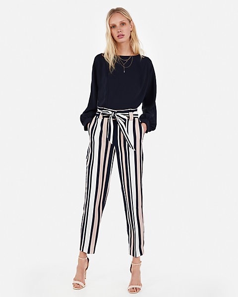high waisted striped sash waist ankle pant | Express