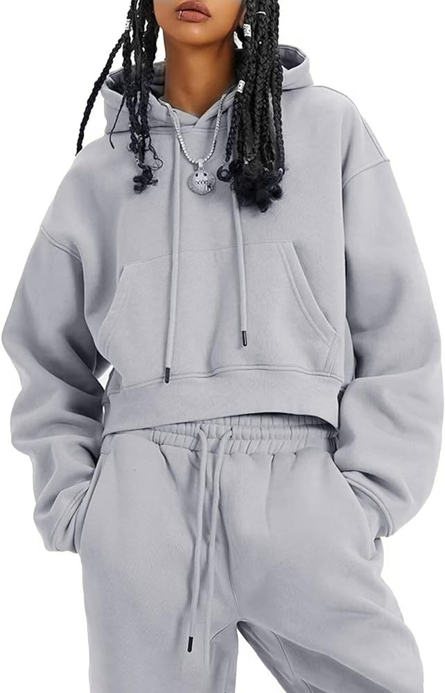 Flygo Womens Fleece 2 Piece Outfits Sweatsuit Crop Pullover Sweatshirt Joggers Pants Tracksuit Se... | Amazon (US)