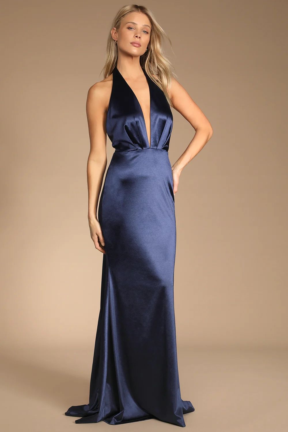 Beguiling Beauty Navy Blue Satin Halter Mermaid Maxi Dress | Lulus (US)