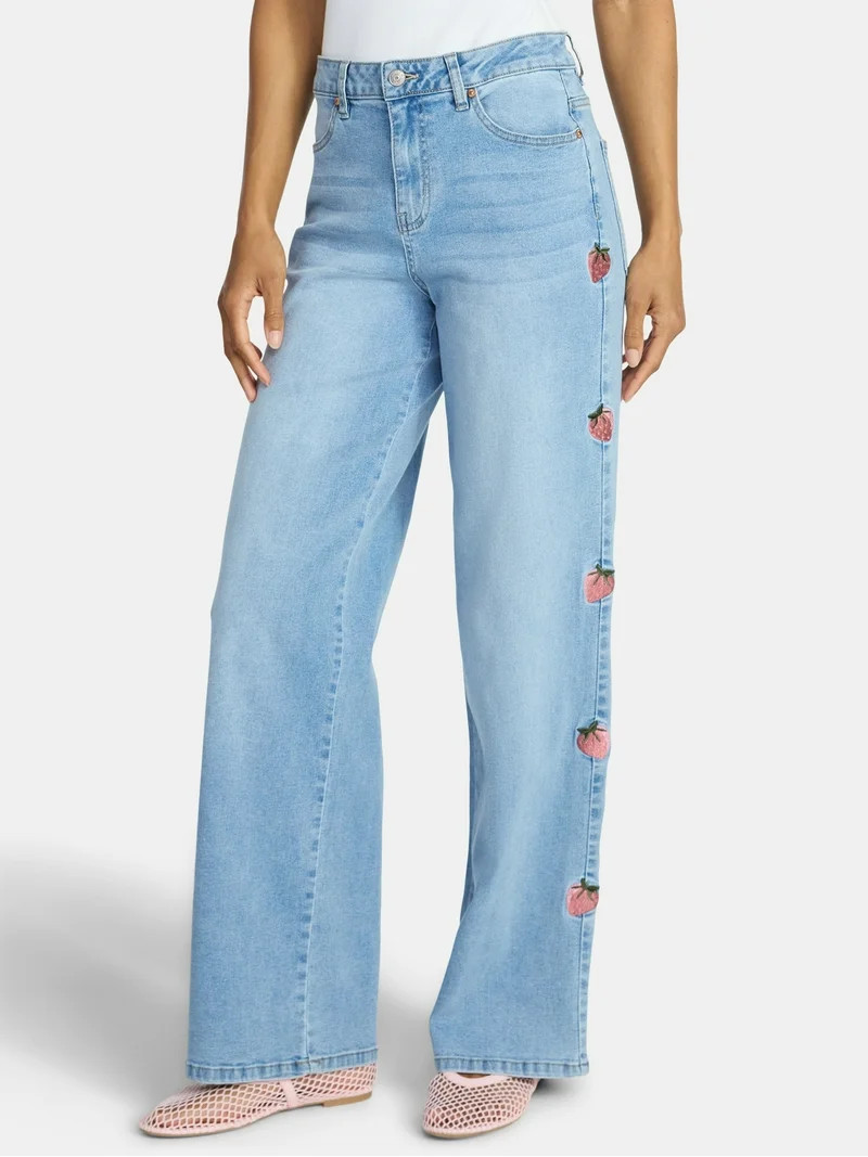 Madden NYC Women’s Ultra 90's Jeans with Strawberry Embroidery, 32'' Inseam, Sizes 00-18 | Walmart (US)