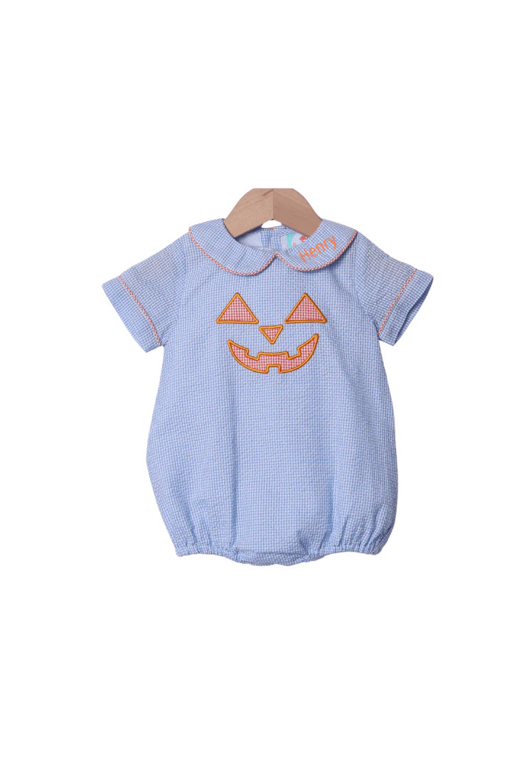Applique Blue Seersucker Jack O Lantern Bubble | The Smocked Flamingo